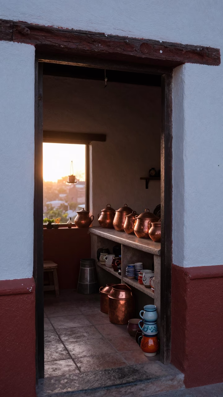 Dawn Light Reveals Copper Pots and Ceramic Mugs in Oaxaca Kitchen in in Oaxaca, Mexico