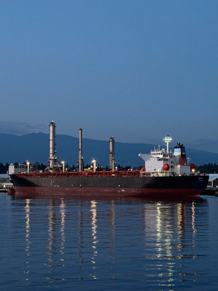 Dawn Light Reveals Tanker Ship at Vancouver Refinery Dock in British Columbia Canada in in Vancouver, British Columbia, Canada