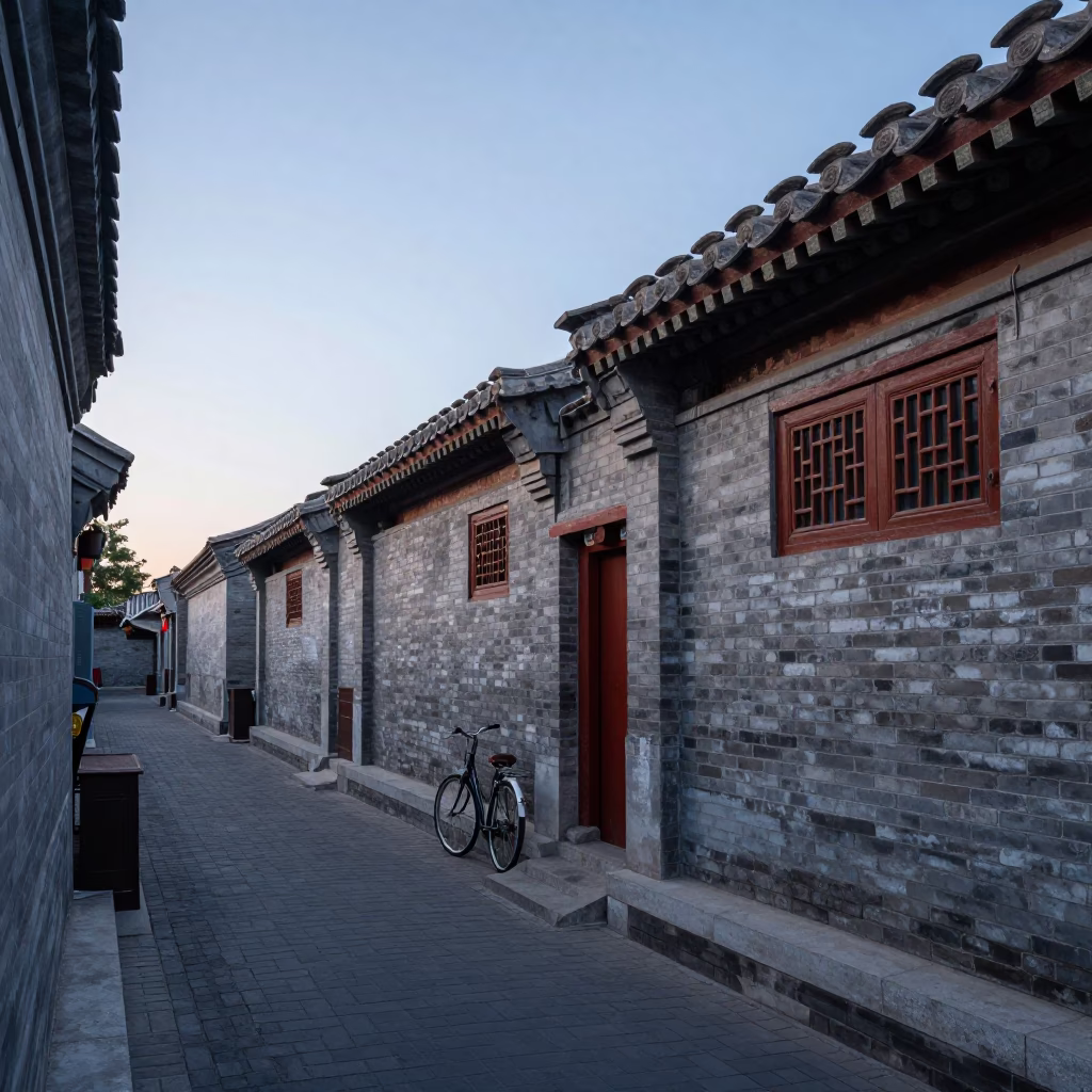 Dawn Light Reveals Traditional Hutong Alleyway and Brick Architecture in Beijing China in in Beijing, China