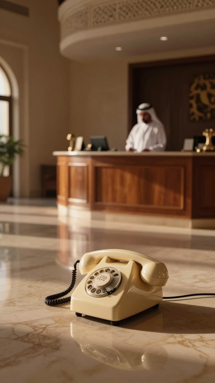Dawn Light Reveals Vintage Bakelite Telephone on Hotel Reception Desk in Muscat Oman in in Muscat, Oman