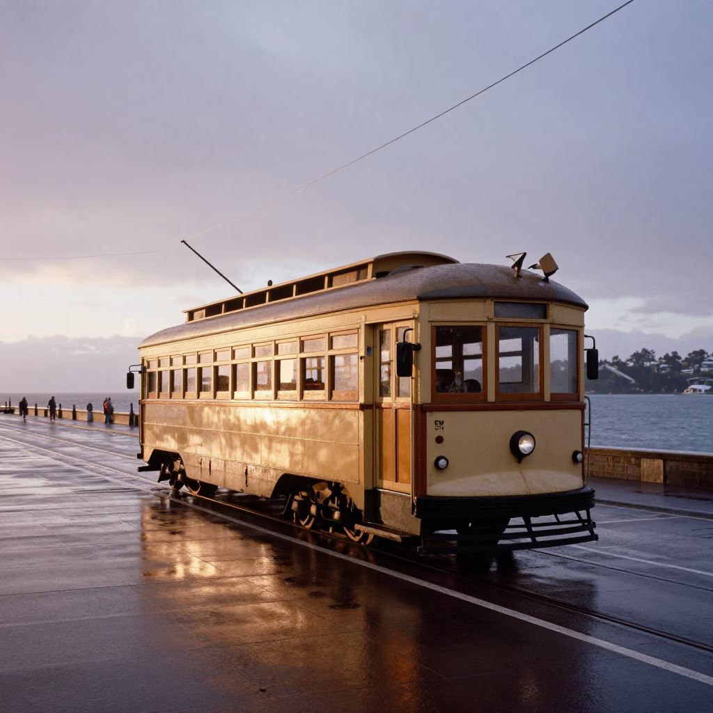 Dawn Light Reveals Vintage Heritage Tram on Sydney Coastal Promenade with Morning Mist in in Sydney, New South Wales, Australia