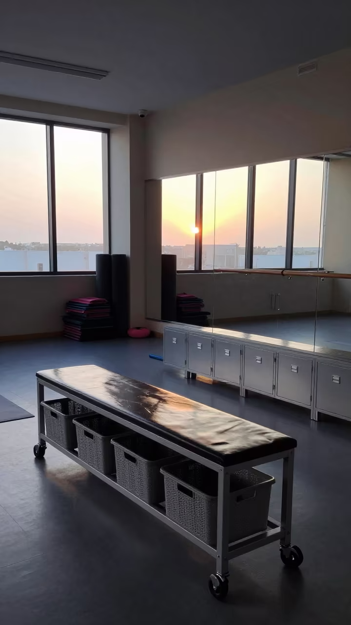 Dawn Light in Riyadh Spin Studio Locker Bench in inside a spin studio under class lights in Riyadh