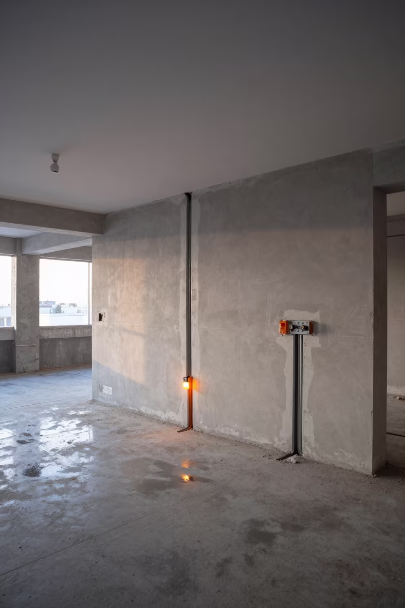 Dawn Light on Rough-In Wall Under Construction in inside a half-built lobby near Santiago