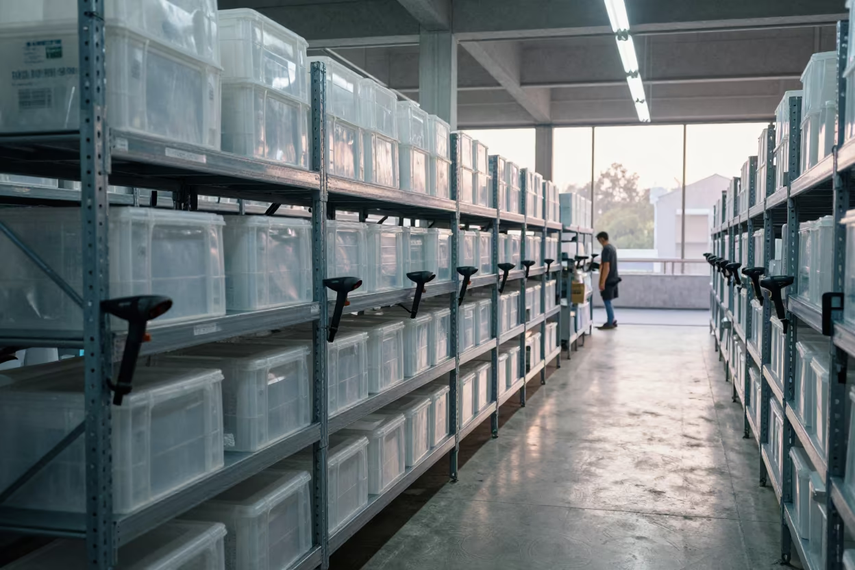Dawn Light on Route Bin Racks in Sangli Depot in at a fulfillment packing station in Sangli