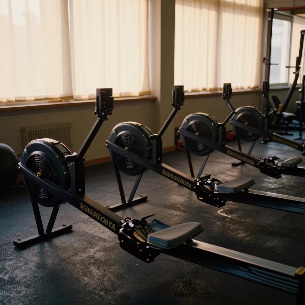 Dawn Light on Rowing Ergometers in Azaz Gym in inside a strength room in Azaz