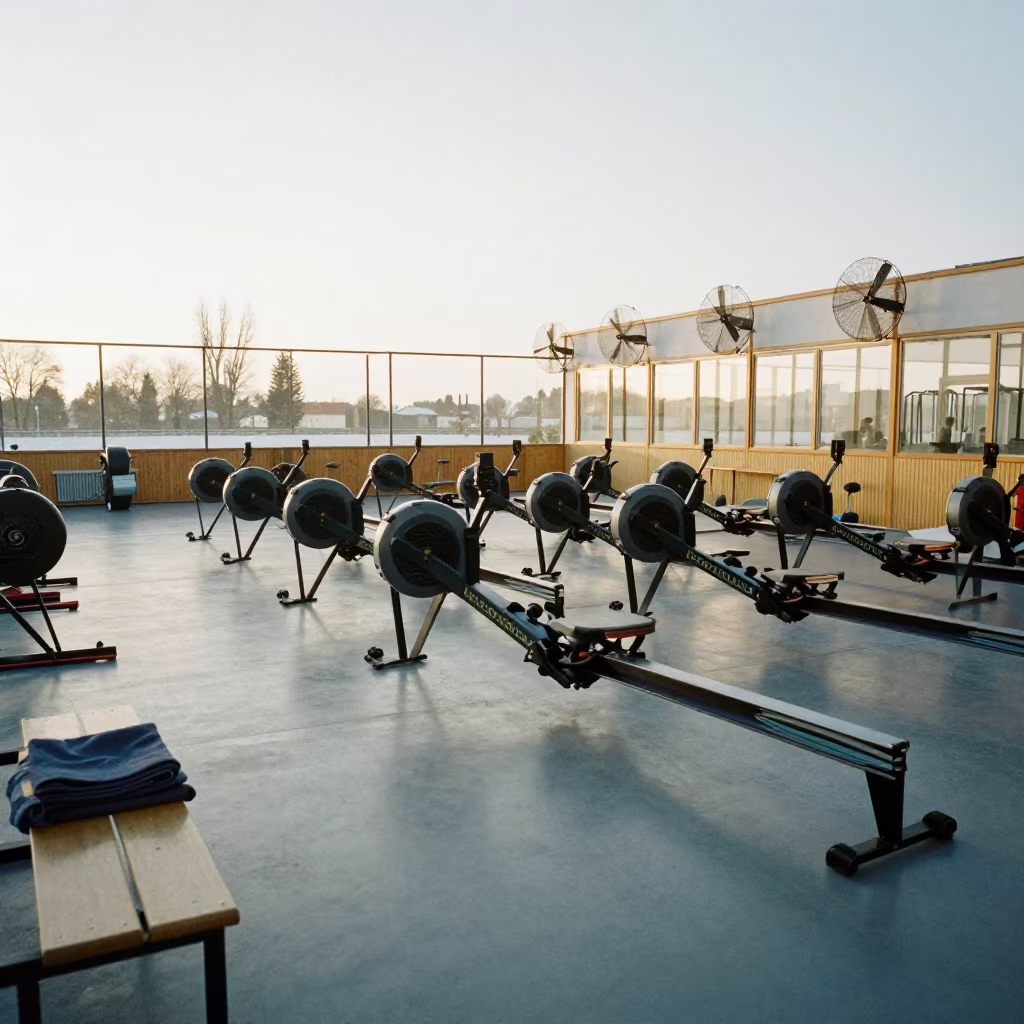 Dawn Light on Rowing Machines in Winter Fitness Studio in inside a spin studio under class lights near Białystok