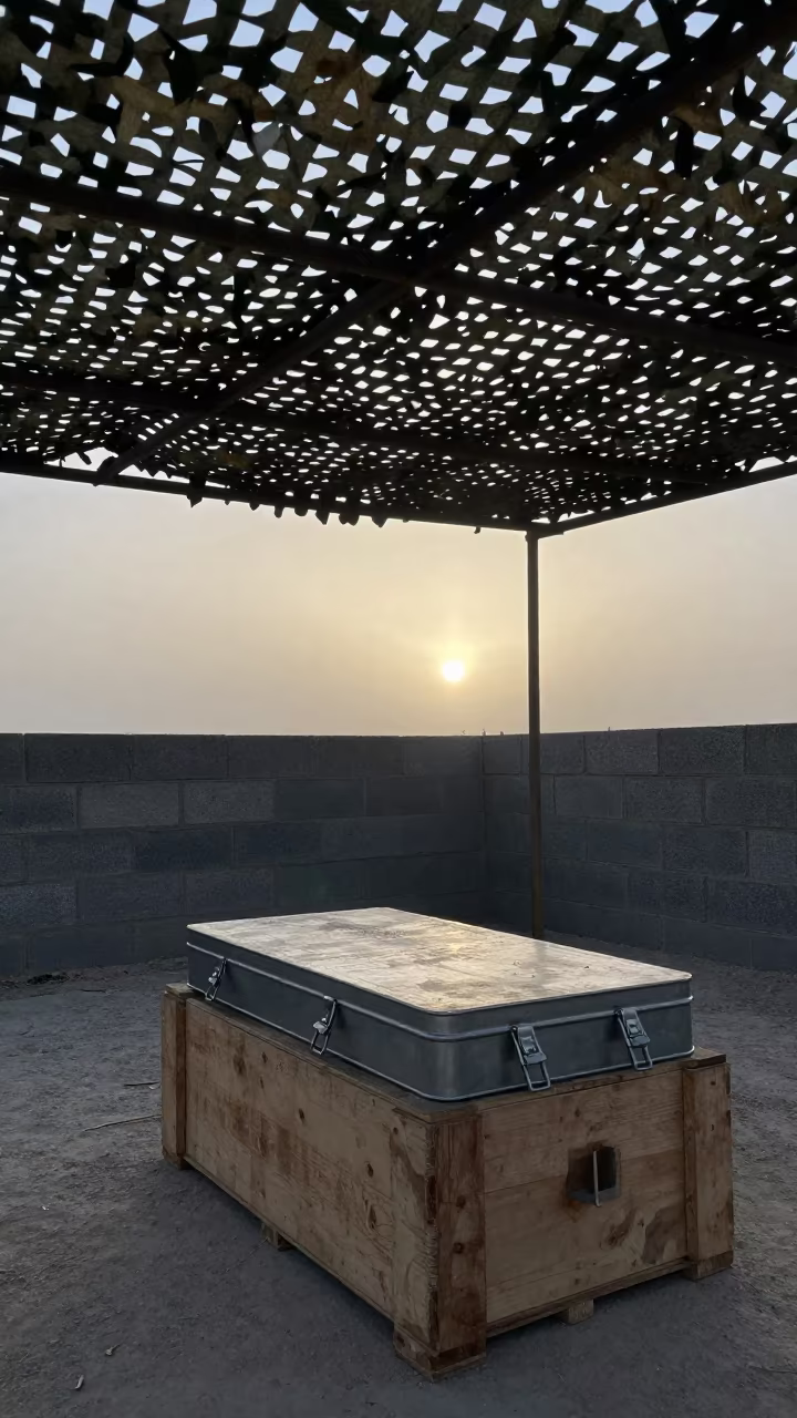 Dawn Light on Ruck Repair Buckle Tin in beneath a camouflage net shelter in Jalalabad