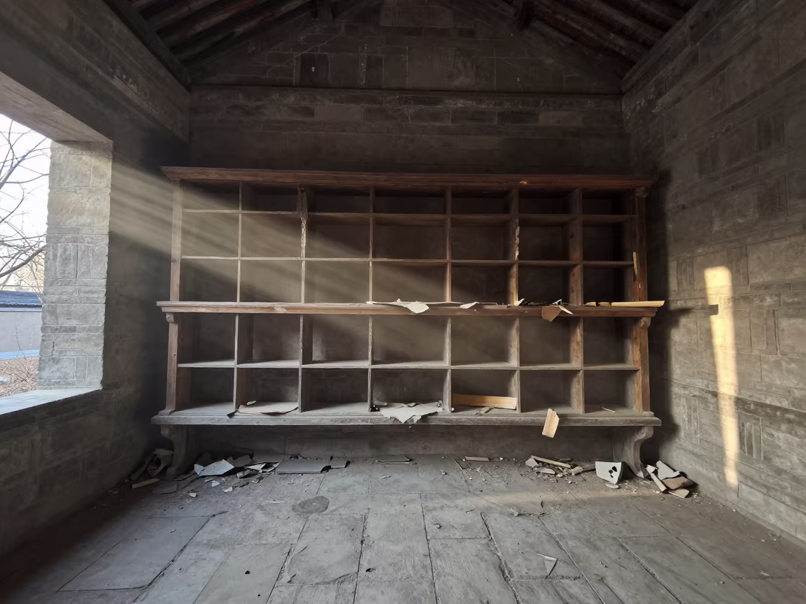 Dawn Light on Ruined Icon Shelf in Shaanxi Chapel in among roofless stone chambers in Shaanxi