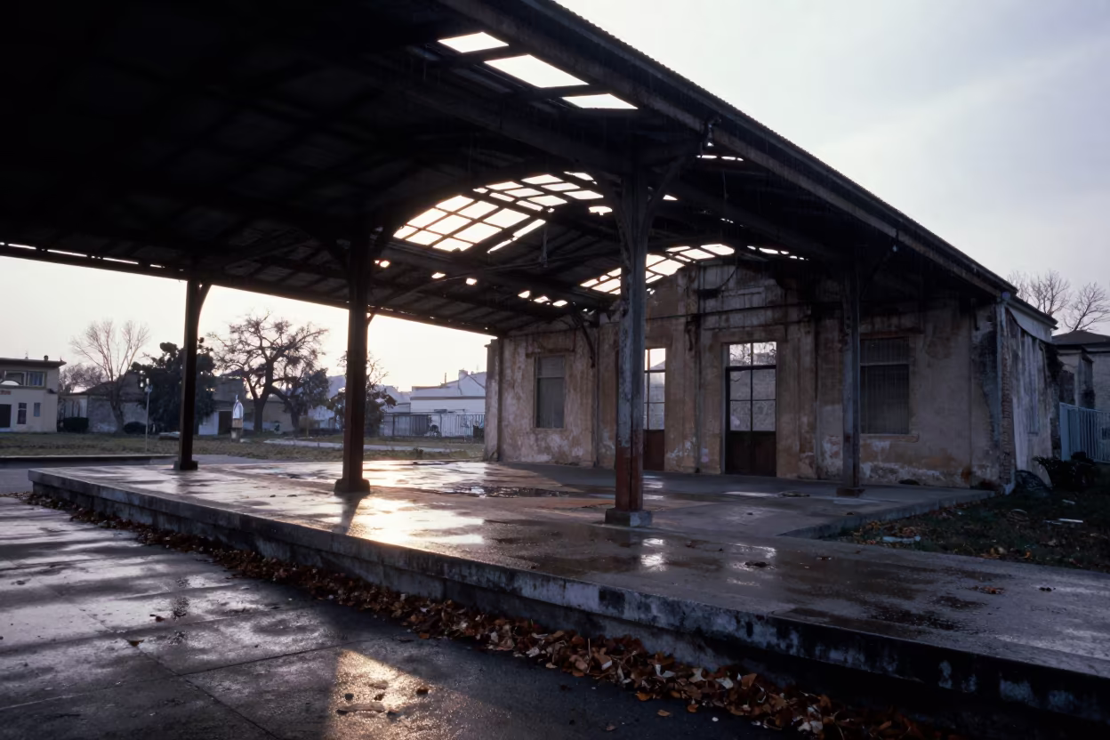 Dawn Light Through Ruined Station Canopy in Puglia in inside a roofless nave in Puglia
