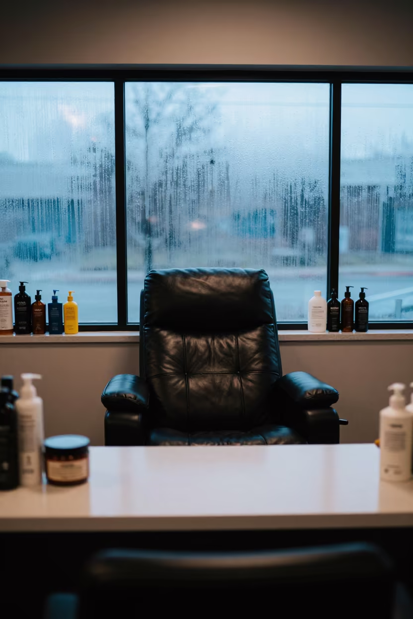 Dawn Light on Salon Recliner with Product Clutter in at a salon reception counter in Kansas City