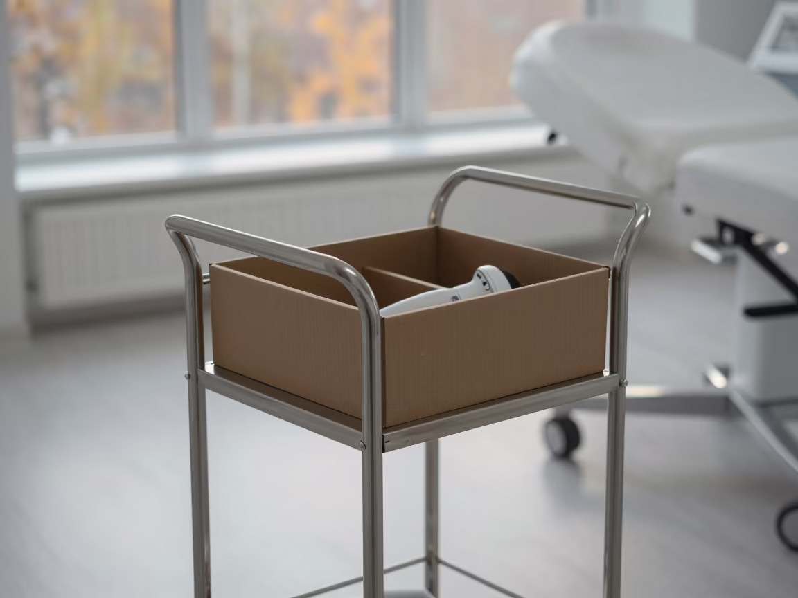 Dawn Light on Salon Restock Cart and Scanner in inside a skincare treatment room near Yekaterinburg