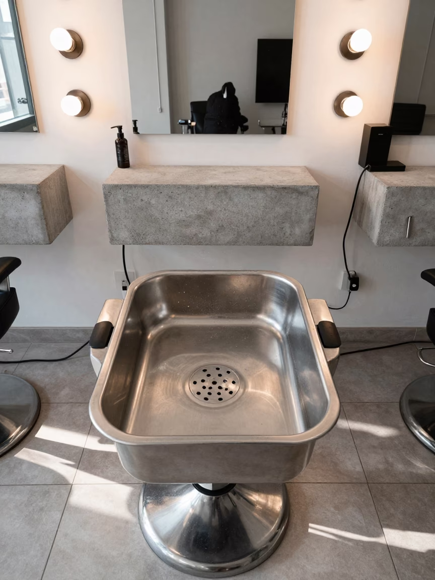 Dawn Light on Salon Towel Steamer Drain Pan in at a barber station beneath mirror bulbs in Petah Tikva