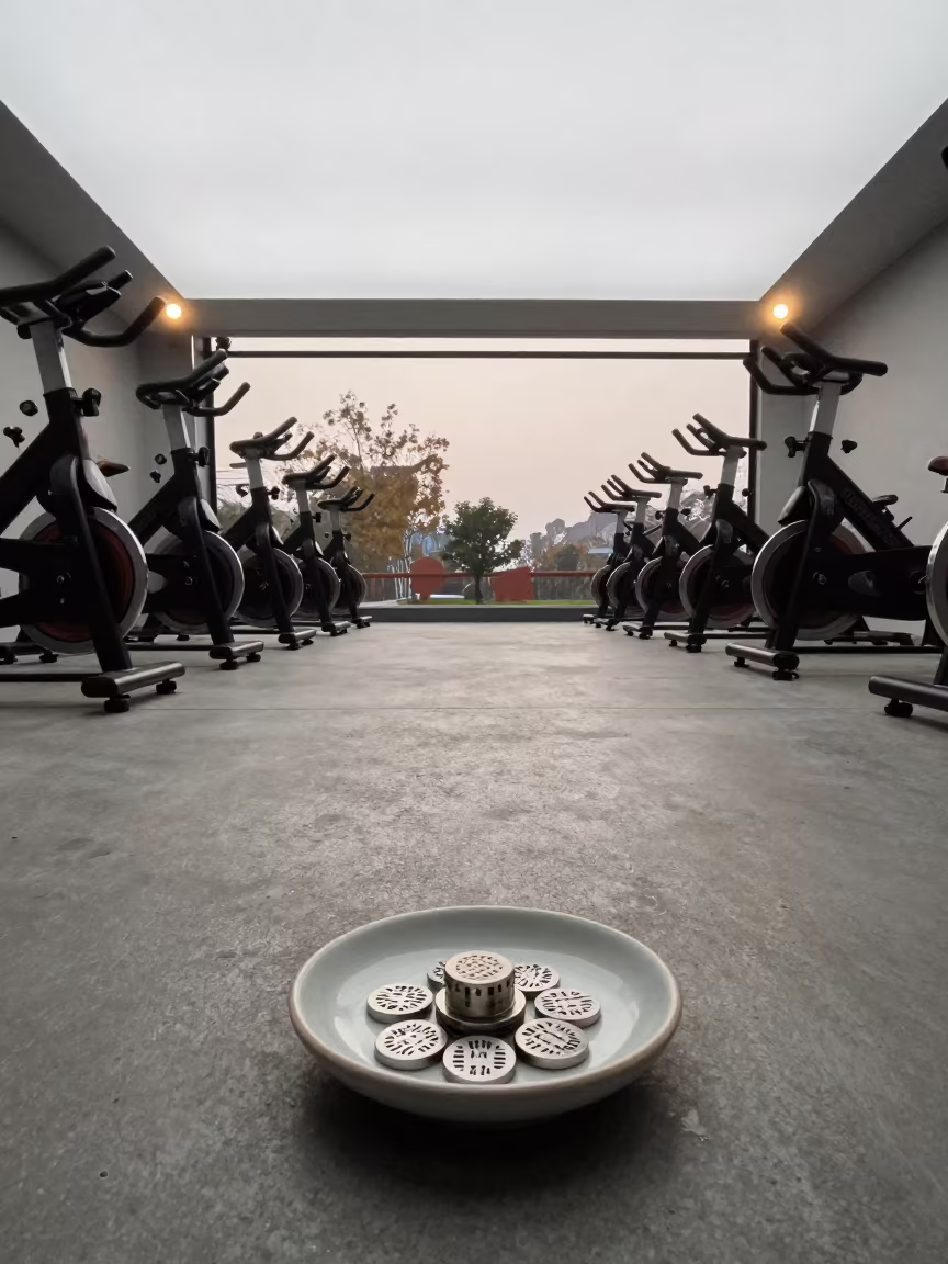 Dawn Light on Sauna Token Dish in Chengdu Spin Studio in inside a spin studio under class lights in Chengdu