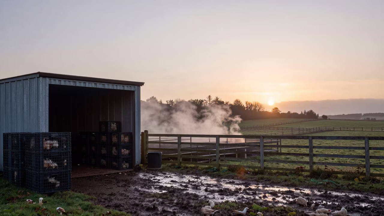 Dawn Light on Scottish Poultry Crates in along a muddy paddock fence in the Scottish Isles
