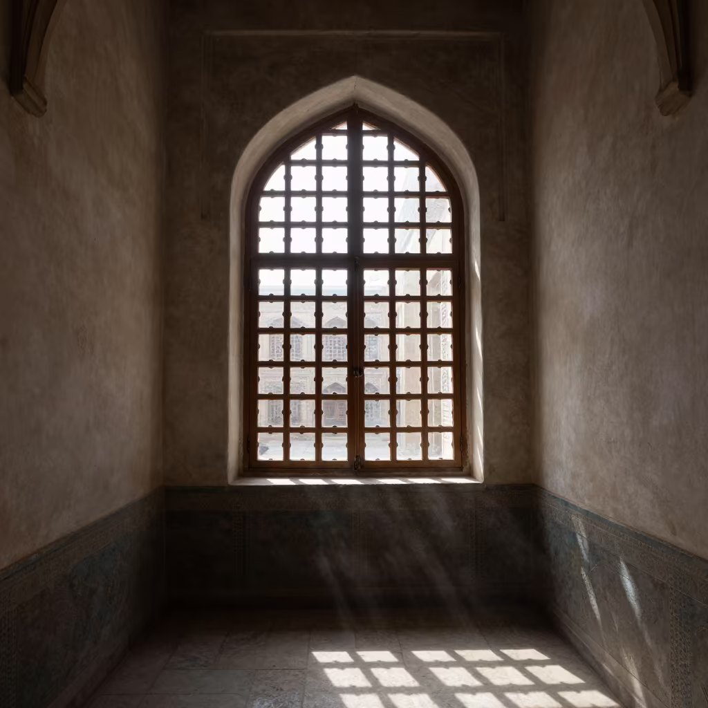 Dawn Light on Scriptorium Page with Infinite Replicas in along a monastery corridor in Baghdad