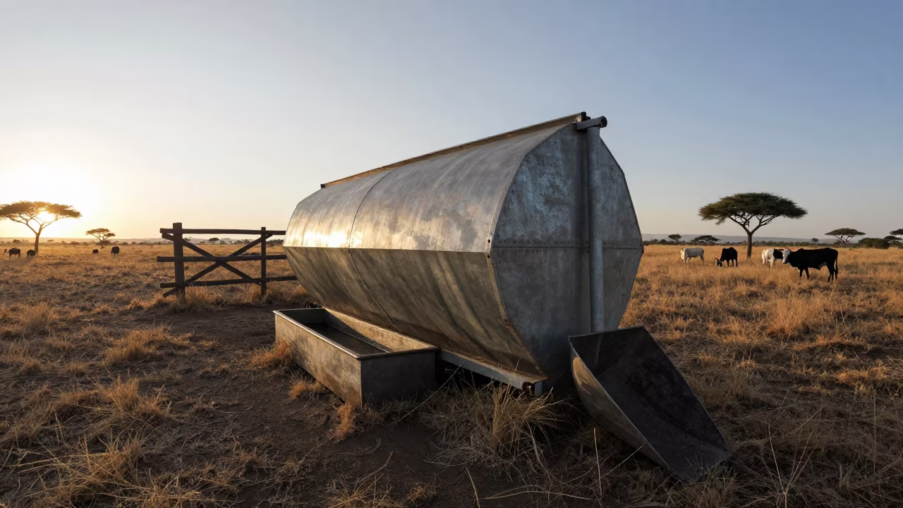 Dawn Light on Serengeti Feed Scoop Bin Wall in near a windbreak and water trough in the Serengeti