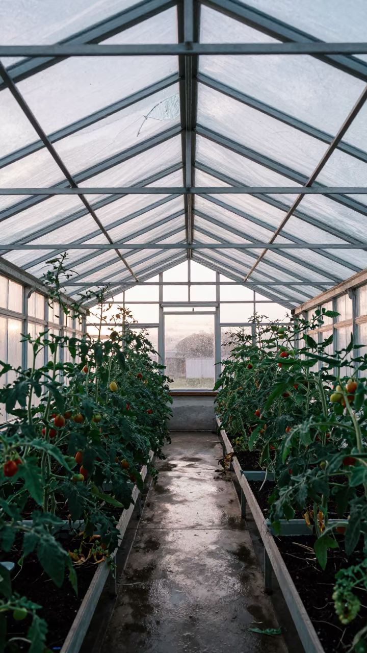 Dawn Light Shatters Rooftop Greenhouse Panes in inside a humid greenhouse aisle in Prince Edward Island