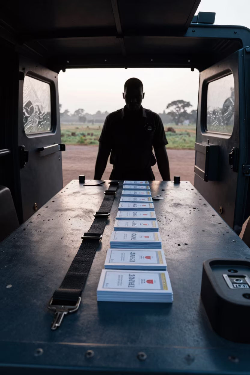 Dawn Light Silhouettes Key Binder in Yaounde Bay in in an armored vehicle bay in Yaounde