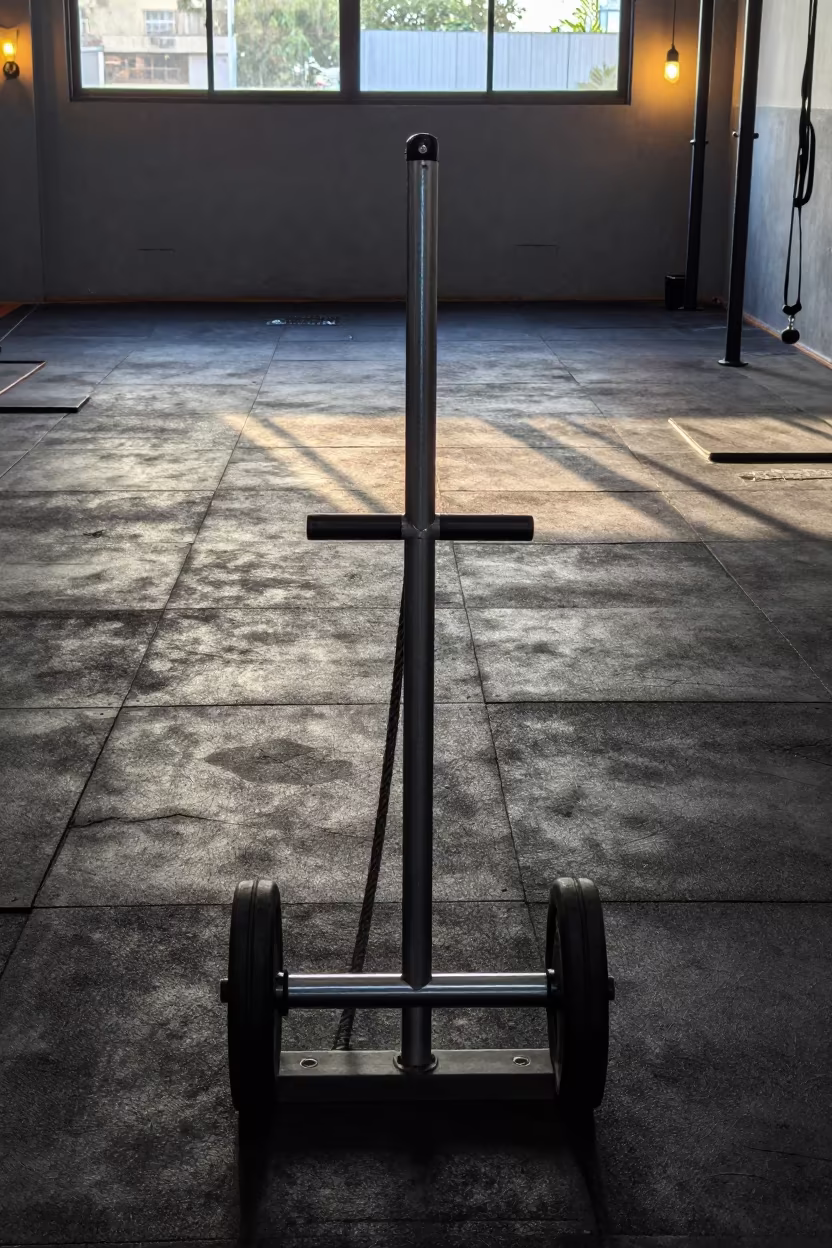 Dawn Light Slants Over Pool Lane Rope Cart in inside a climbing gym warmup zone in Buenos Aires