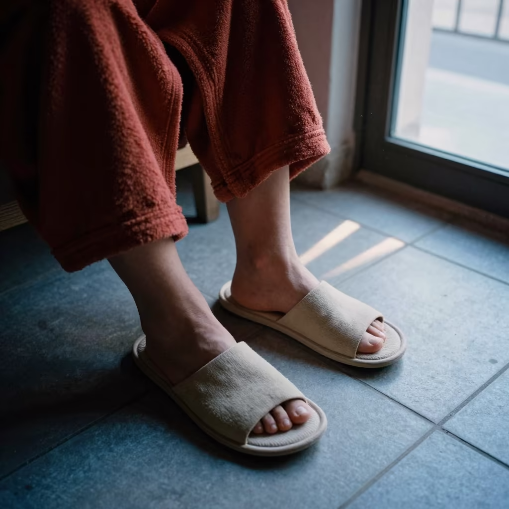 Dawn Light on Slippers and Robe in Barrio Italia in in a candlelit bedroom in Barrio Italia, Santiago