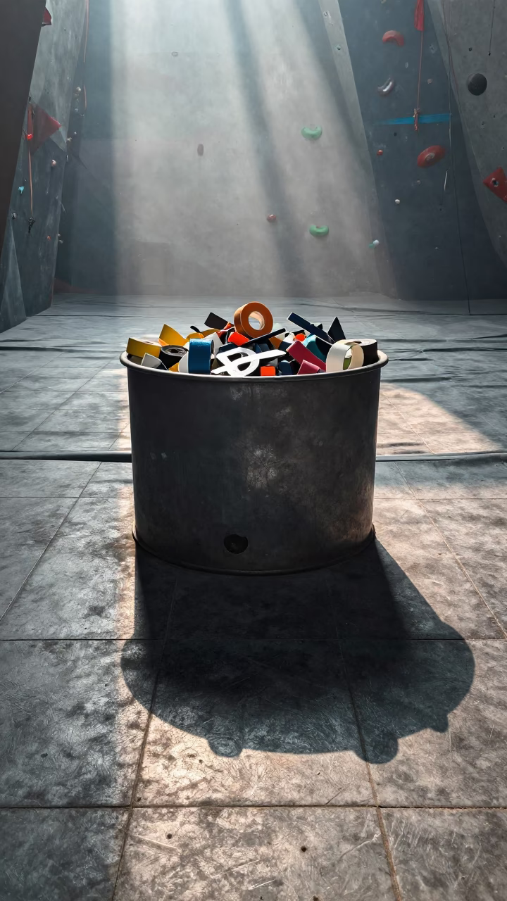 Dawn Light on Sport Tape Scrap Bin in Climbing Gym in inside a climbing gym warmup zone near Ujjain