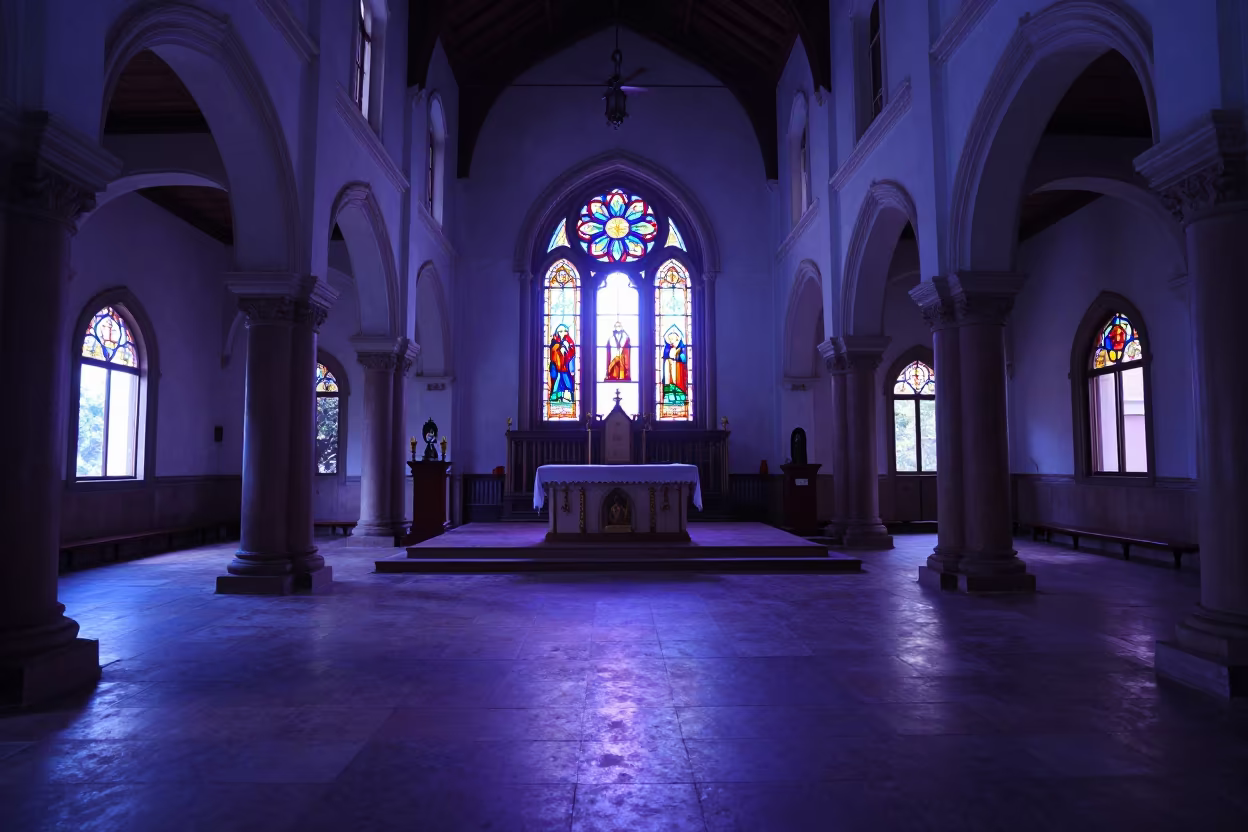 Dawn Light Through Stained Glass in Nagpur Chapel in in a chapel lit by stained glass in Nagpur