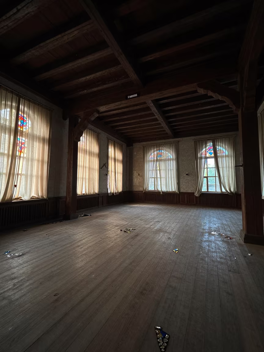 Dawn Light Through Stained Glass in Old Tbilisi Synagogue in inside a timber synagogue hall in Old Town, Tbilisi