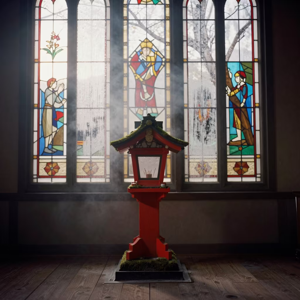 Dawn Light Shines Through Stained Glass in Osaka Chapel in in a chapel lit by stained glass in Dotonbori, Osaka