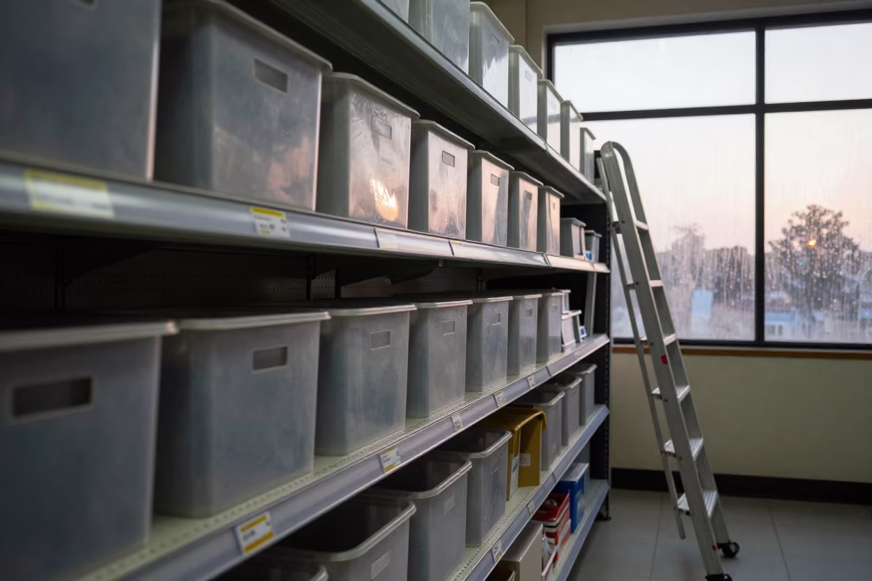 Dawn Light on Stockroom Shelf and Ladder in Bamenda in along a grocery aisle under flat fluorescent light near Bamenda