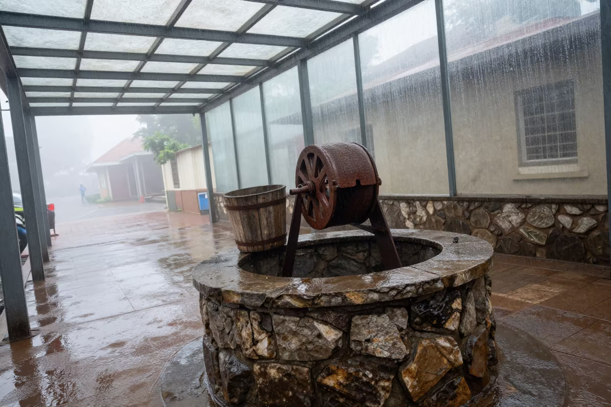 Dawn Light on Stone Well in Accra Arcade in inside a glass-roofed arcade in Accra