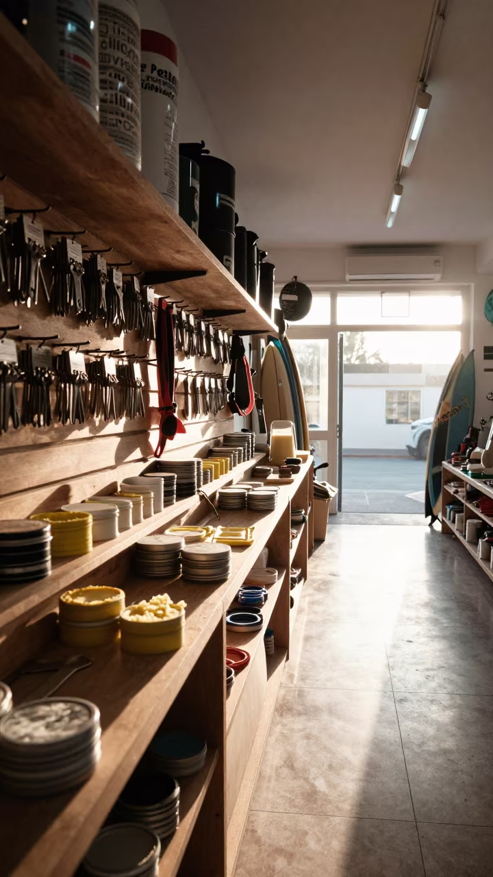 Dawn Light on Surf Shop Counter in Guadalajara in at a checkout lane under flat store light in Guadalajara