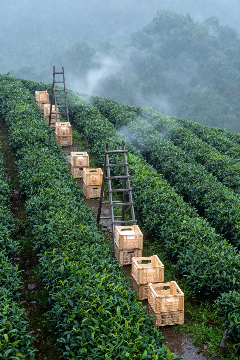 Dawn light on tea plantation ridge Kingston in among orchard ladders and crates near Kingston