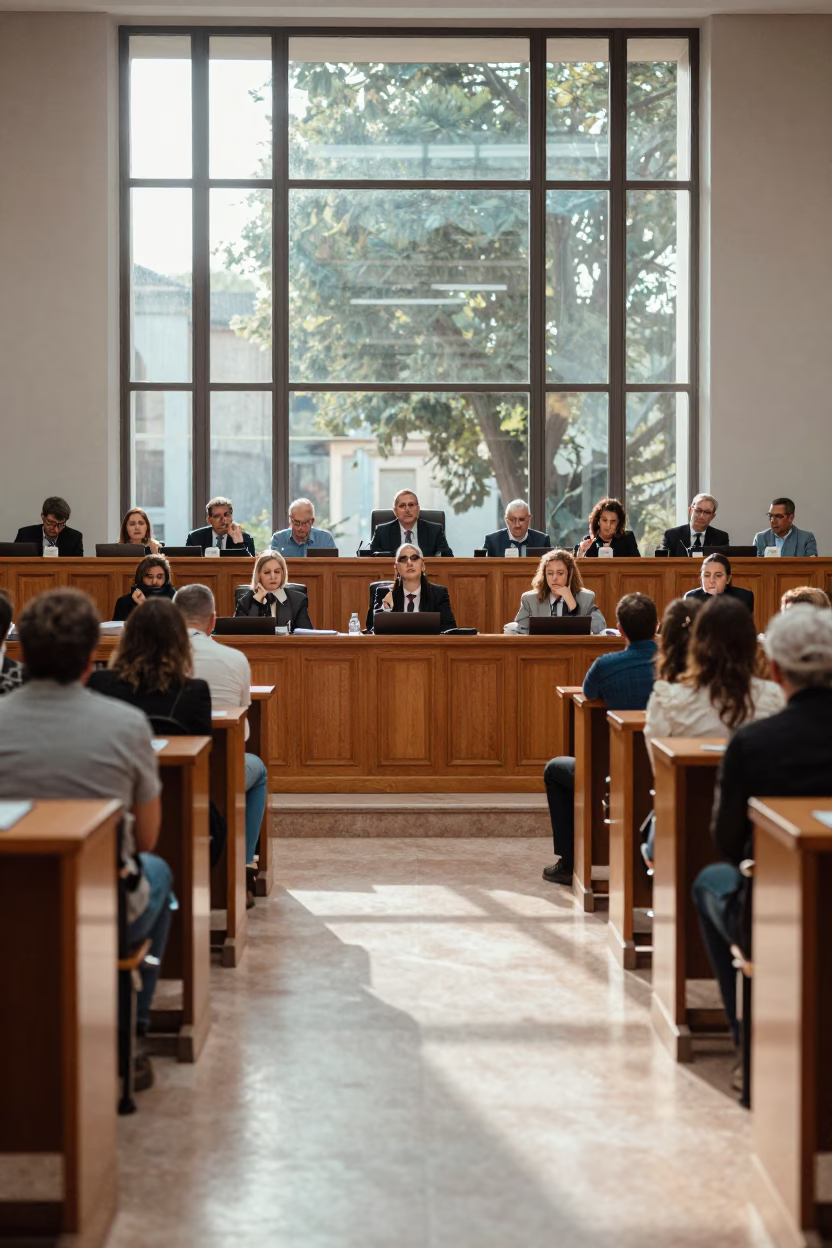 Dawn Light Fills Terni Council Chamber Crowd in inside a council chamber in Terni