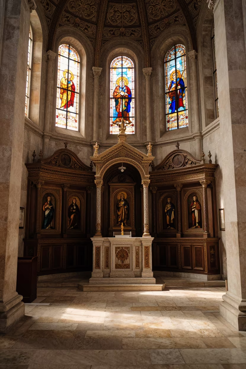 Dawn Light in Thisio Athens Cathedral Ambulatory in in a chapel lit by stained glass in Thisio, Athens
