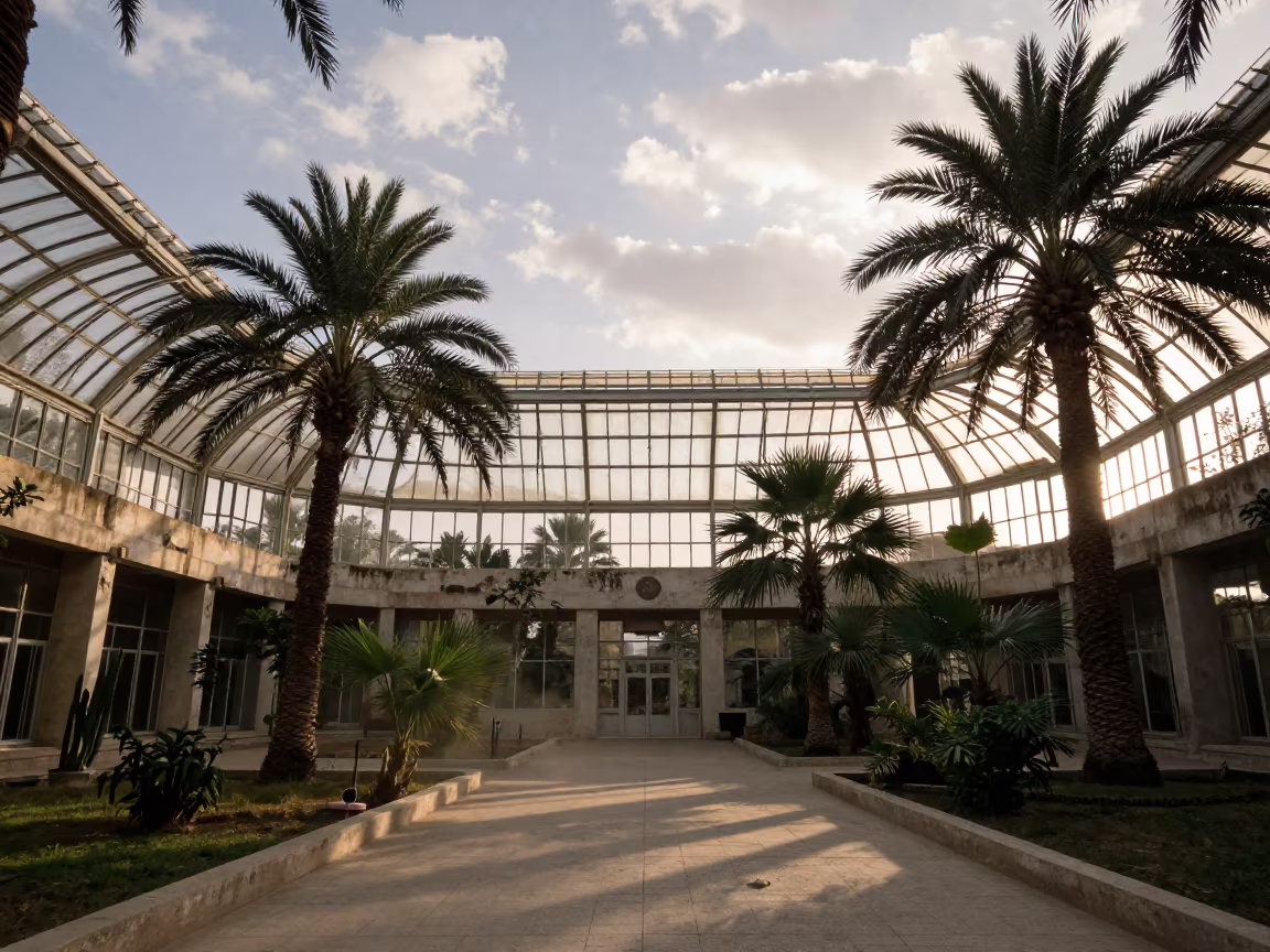 Dawn Light Through Glass Atrium Baghdad Palms in inside a vaulted atrium near Baghdad