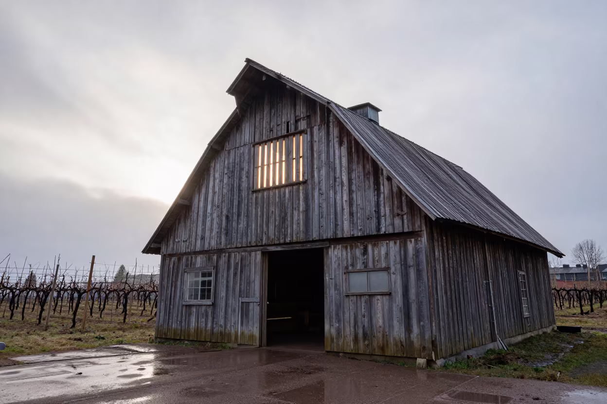 Dawn Light Through Tobacco Barn Slats Kallio in between vineyard trellises in Kallio, Helsinki