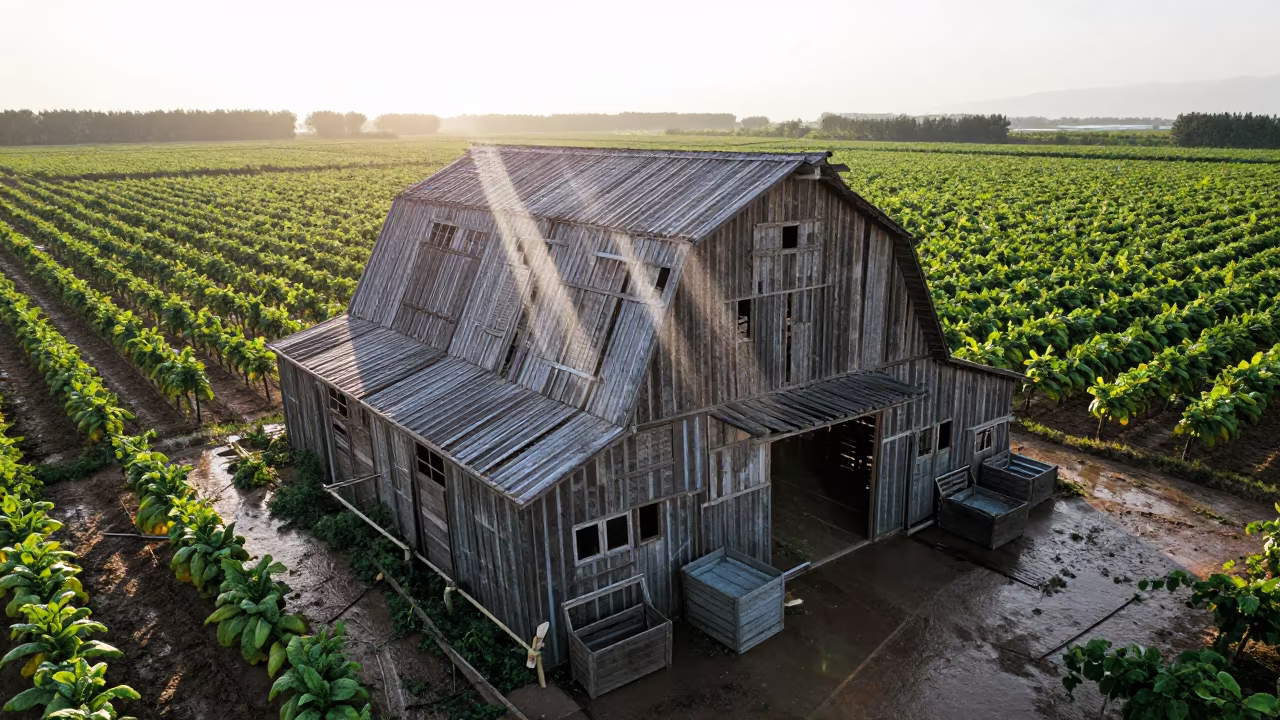 Dawn Light Through Tobacco Barn Slats in between vineyard trellises in Gansu