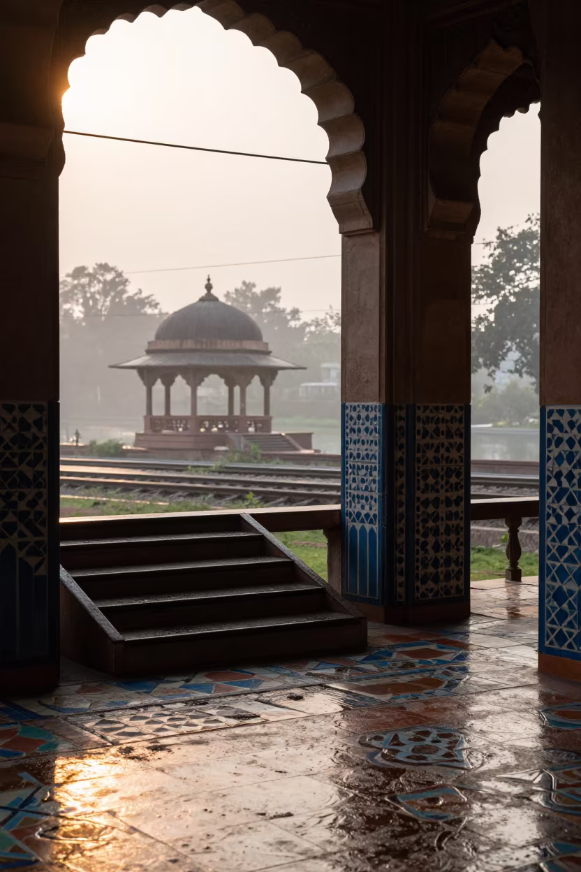 Dawn Light on Tiled Stair Hall Near Tram Lines in inside a tiled stair hall near Moradabad