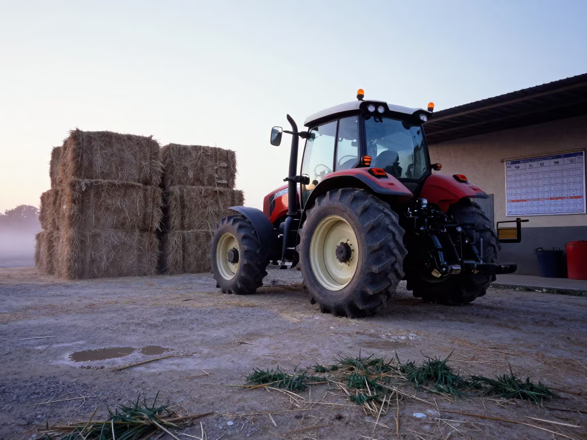 Dawn Light on Tractor Tires Near Jerusalem in beside stacked hay bales near Jerusalem