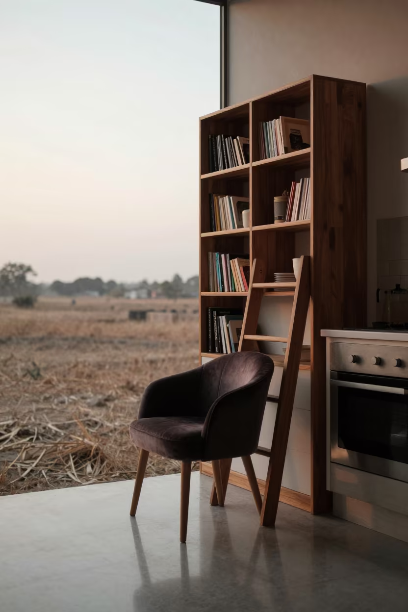 Dawn light on velvet chair in Aurangabad kitchen nook in in a cozy kitchen in Aurangabad