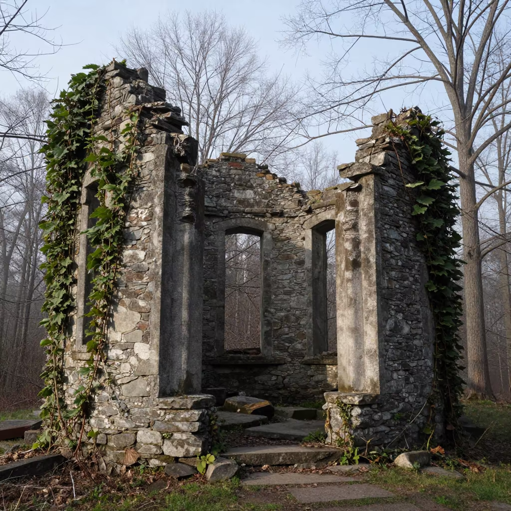 Dawn Light on Vermont Chapel Ruins in among toppled columns and nettles in Vermont