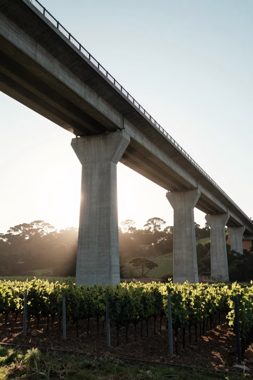Dawn Light on Viaduct Over Sydney Vineyard in along a bridge maintenance walkway near Paddington, Sydney