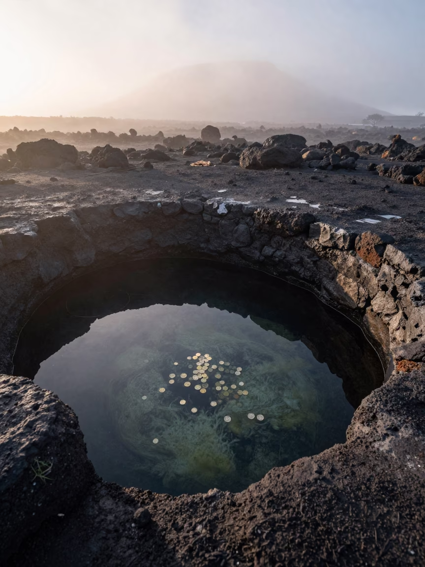 Dawn Light on Volcanic Holy Well with Coins in beside a volcanic drop-off in South Africa