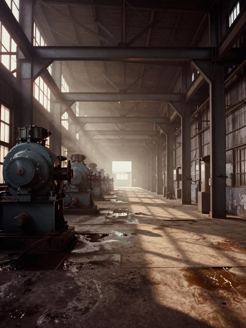 Dawn Light on Warehouse Dock Steel Dust Grease in in a turbine hall near Petropavl