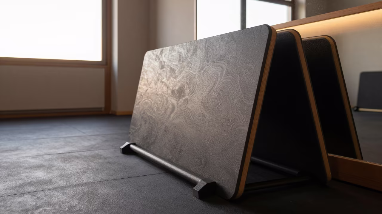 Dawn light on wedge board rack in inside a yoga studio before the session begins near San Frediano, Florence