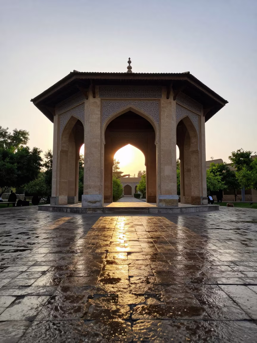 Dawn light on wet cobblestones pavilion in inside a skylit passageway in Shiraz