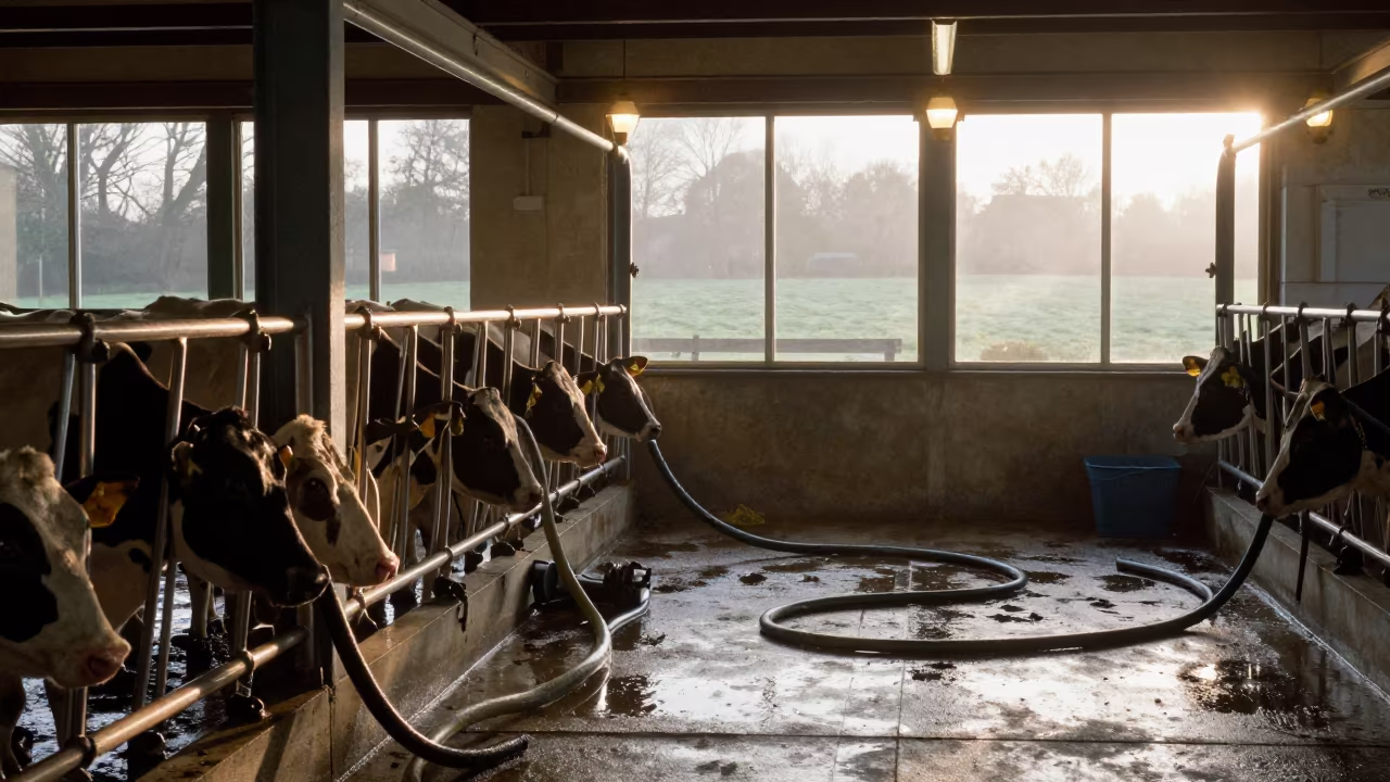 Dawn Light on Wet Concrete in English Milking Parlor in in a dairy milking parlor in England