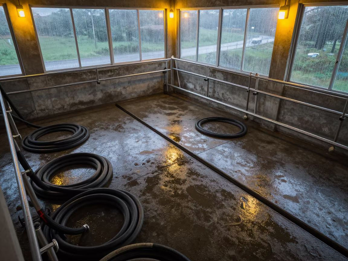 Dawn light on wet concrete in Pará milking parlor in in a dairy milking parlor in Pará