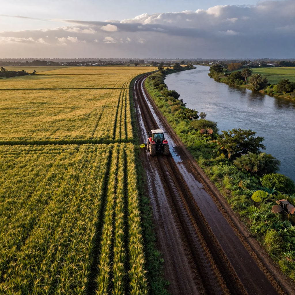 Dawn Light Over Wet Hop and Barley Fields in beside a tractor track through dark soil in Ngaoundéré