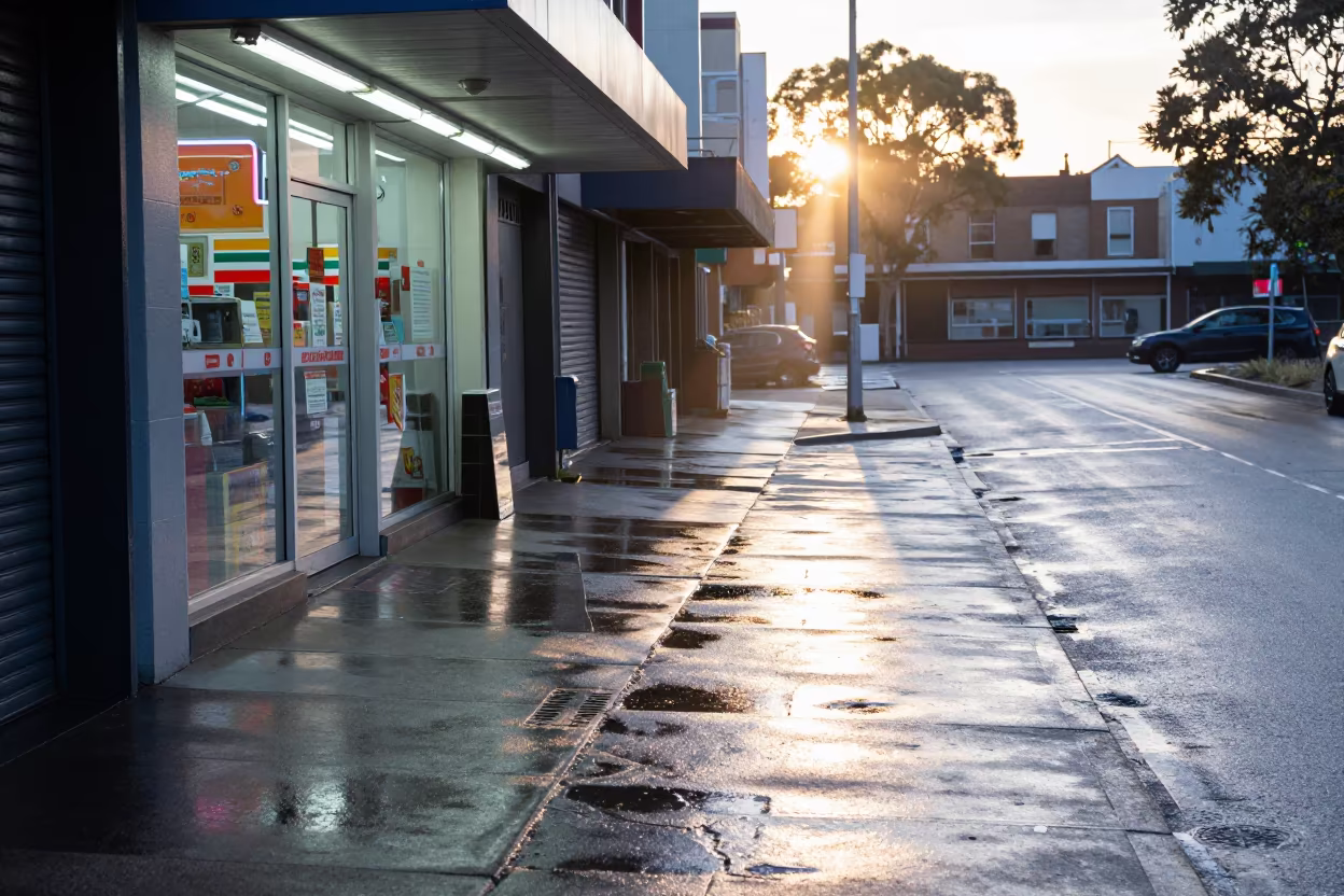 Dawn Light on Wet Sydney Street in outside a fluorescent convenience store in Sydney